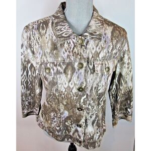 Women's Vintage Chico's Size 1 Camo Metallic Linen Blend Jacket Button Up Casual